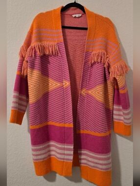 THML Pink and Orange Fringe Open-Front Oversized Cardigan